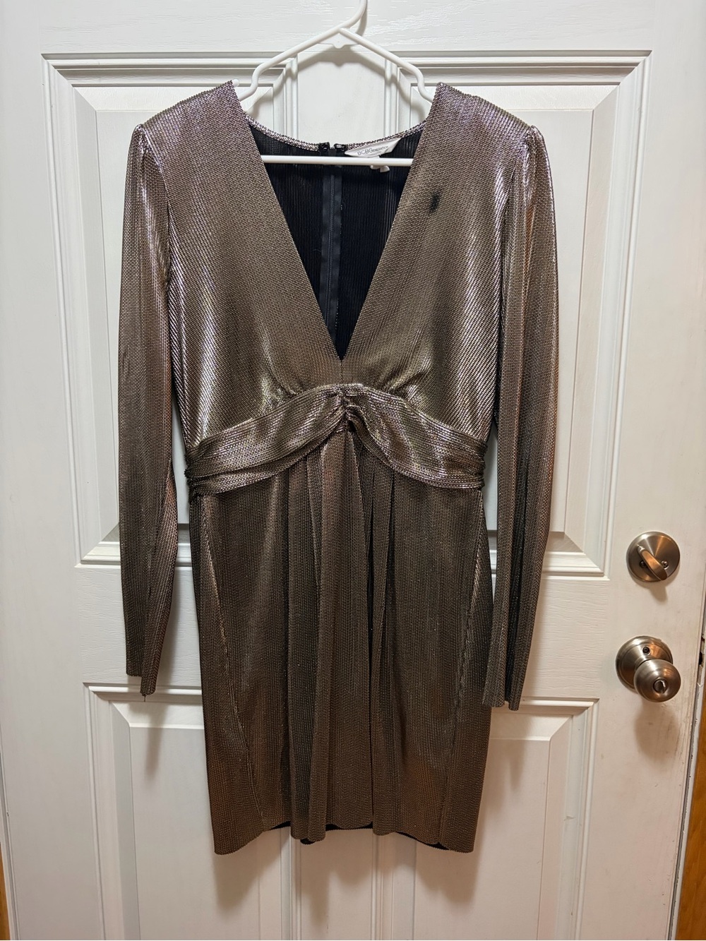 BCBGeneration Metallic Taupe Long Sleeve V-Neck Party Dress